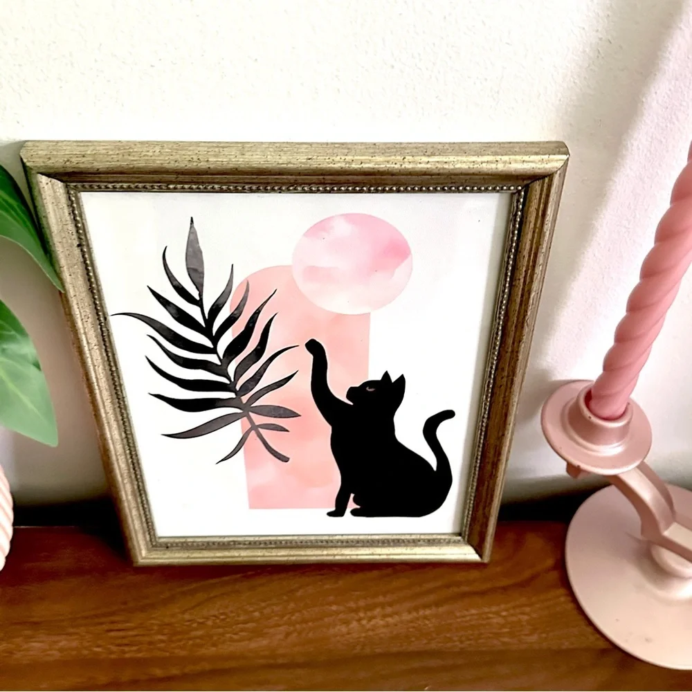 Pink Moon Black Cat Bohemian Leaf Pink Aesthetic Canvas Art Print Silver Framed